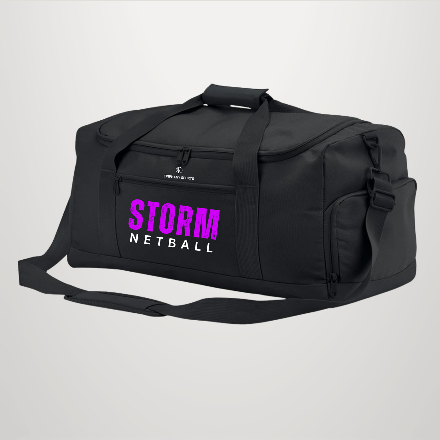 A black duffel bag with a front pocket featuring the text 'STORM NETBALL' in bright purple and white. The brand 'EXPRESS SPORTS' is printed in small white letters above the text.