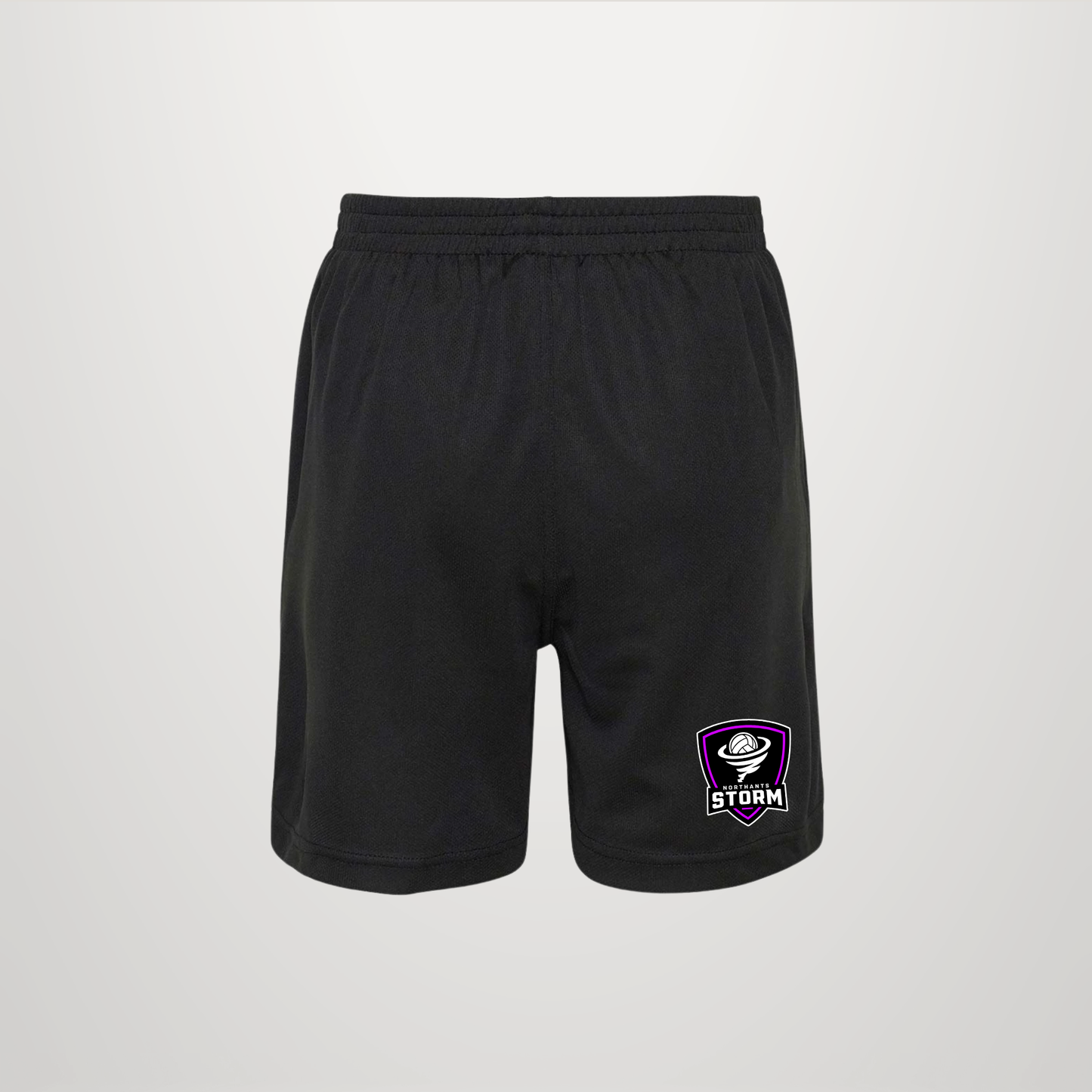 Black athletic shorts with an elastic waistband and a purple Storm logo patch on the lower left leg, shown against a light gray background.
