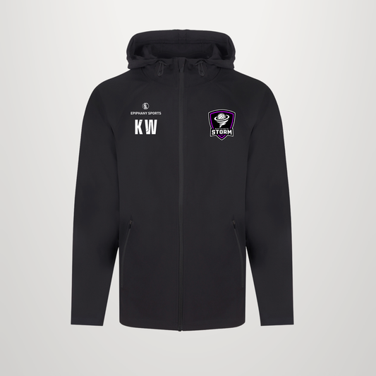 A black zip-up hoodie with a drawstring hood, featuring white 'KW' initials and 'DRYWEAR SPORTS' branding on the left chest, and a purple and white Stormers shield logo on the right chest, shown against a light gray background.
