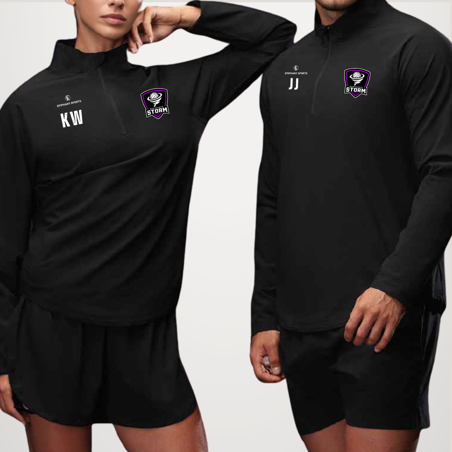 Two models wearing matching black long-sleeve quarter-zip athletic tops and shorts sets with custom white initials and a purple and white club crest on the chest, set against a plain light gray background.