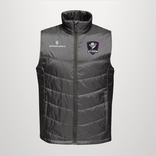 A dark gray quilted puffer vest with a high collar, featuring a white 'EPPIQUANT SPORTS' logo on the right chest and a purple and white 'STORM' shield logo on the left chest, shown against a light gray background.