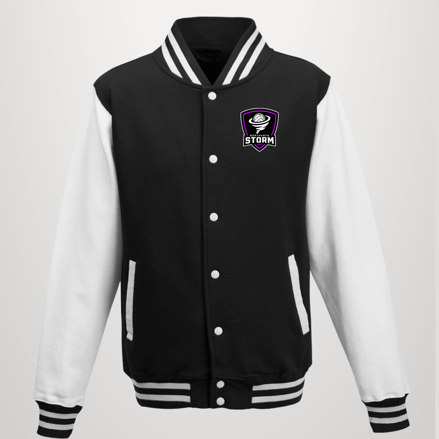 A black and white varsity jacket with a purple and white Storm logo patch on the left chest, shown against a light gray background.
