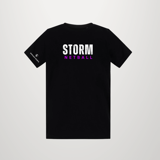 A black short-sleeve t-shirt with 'STORM' in white and 'NETBALL' in purple printed on the chest, displayed on a light gray background.