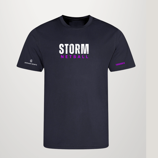 A Black short-sleeve t-shirt with 'STORM NETBALL' printed on the chest in white and purple, featuring small white and purple text on both sleeves, displayed against a light geay background.