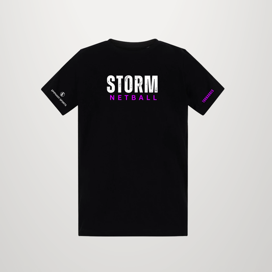 A black short-sleeve t-shirt with 'STORM NETBALL' printed on the chest in white and purple, featuring additional branding on both sleeves, displayed against a light gray background.