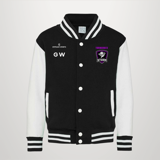 A black and white varsity jacket with white sleeves, featuring a black ribbed collar, cuffs, and hem with white stripes. The jacket has 'GW' monogrammed on the right chest and a purple Storm Hawks logo on the left chest, with 'EXPERT SPORTS' printed on the left chest.