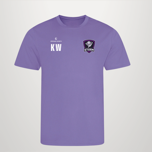 A purple short-sleeve crewneck t-shirt with 'KW' printed in white on the left chest and a purple and white Storm logo on the right chest, displayed on a light gray background.