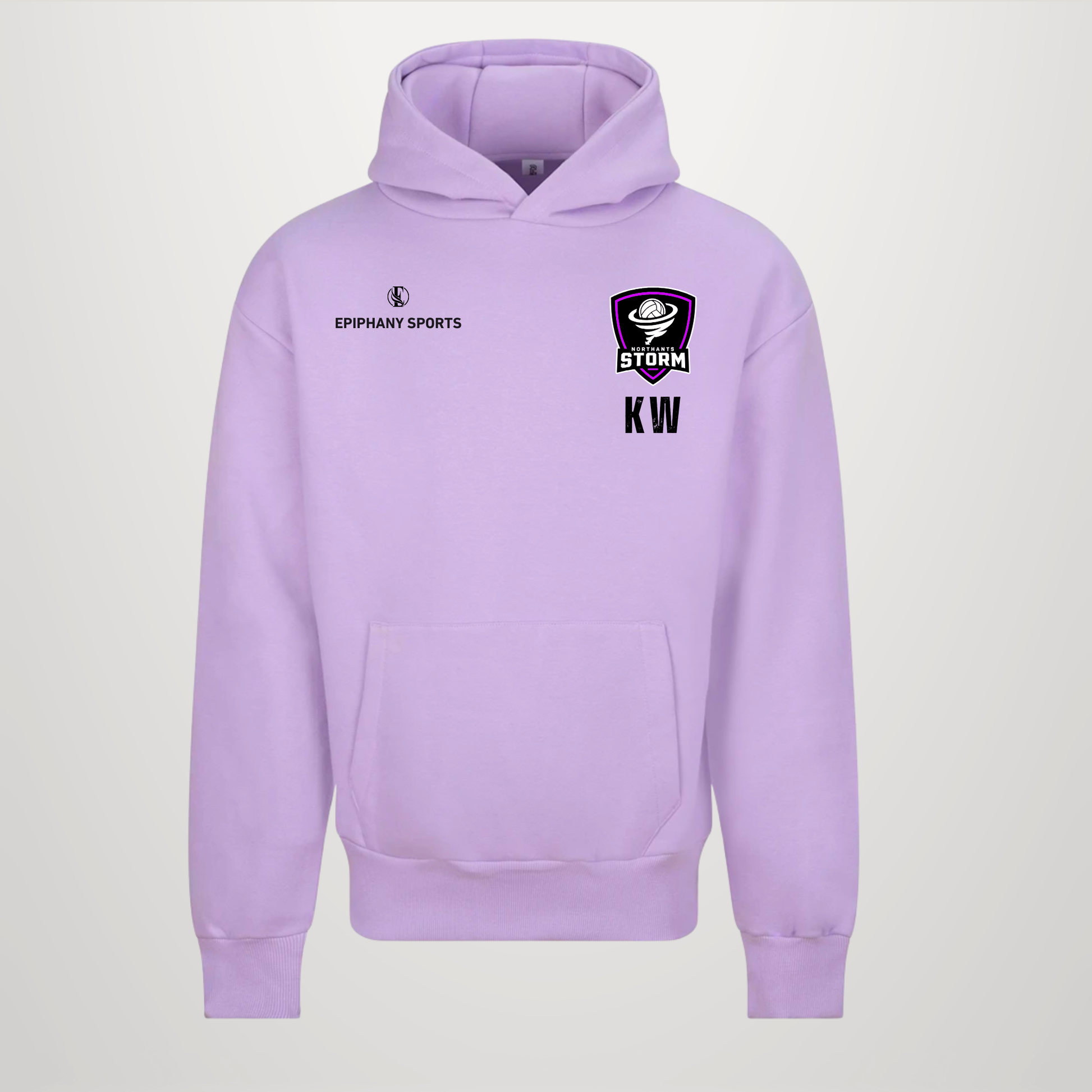 A light purple/lavender pullover hoodie with a kangaroo pocket, featuring 'EPINHANY SPORTS' on the right chest and a Storm logo with 'KW' on the left chest, displayed on a neutral light grey background.