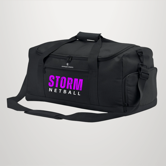 A black duffel bag with a front pocket featuring the text 'STORM NETBALL' in bright purple and white. The brand 'EXPRESS SPORTS' is printed in small white letters above the text.