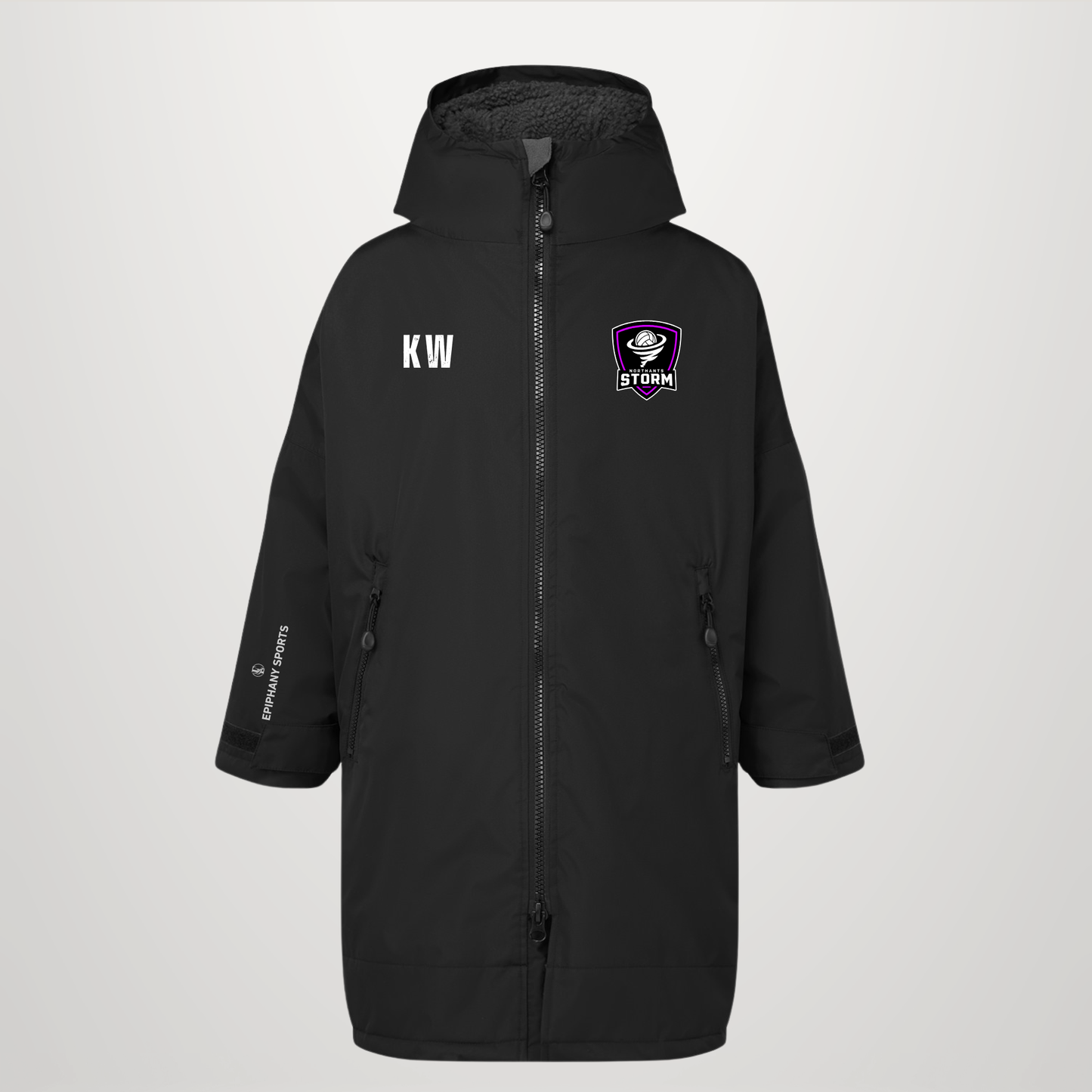 A black hooded zip-up jacket with a full front zipper, side pockets, and custom graphics. The left chest features the white letters 'KW', and the right chest features a purple shield logo with a skull and the word 'STORM'.