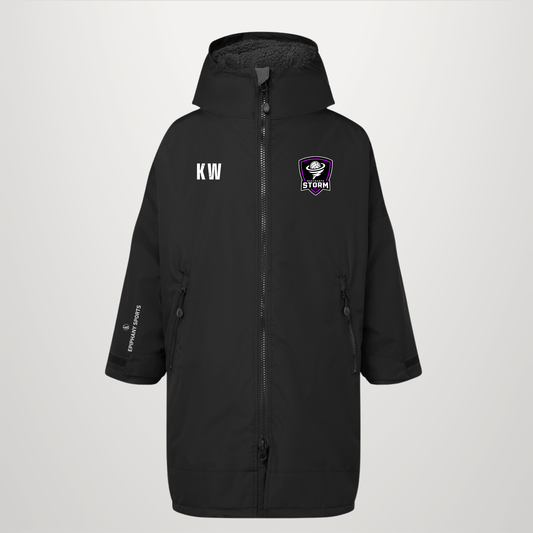 A black hooded zip-up jacket with a full front zipper, side pockets, and custom graphics. The left chest features the white letters 'KW', and the right chest features a purple shield logo with a skull and the word 'STORM'.