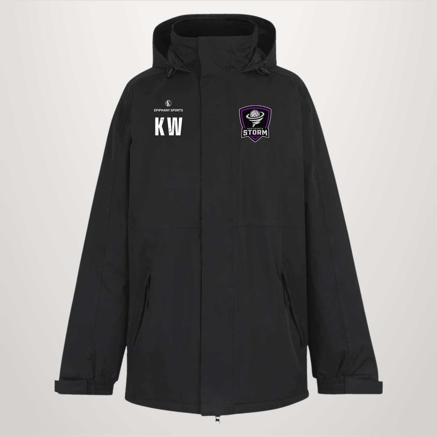 A black hooded jacket with a front zipper, featuring a white 'KW' monogram and 'SPECIALTY SPORTS' logo on the right chest, and a purple and white Storm logo on the left chest, displayed on a light gray background.