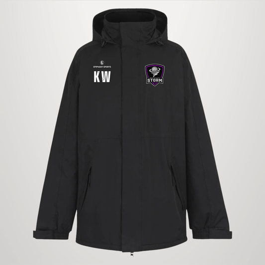 A black hooded jacket with a front zipper, featuring a white 'KW' monogram and 'SPECIALTY SPORTS' logo on the right chest, and a purple and white Storm logo on the left chest, displayed on a light gray background.