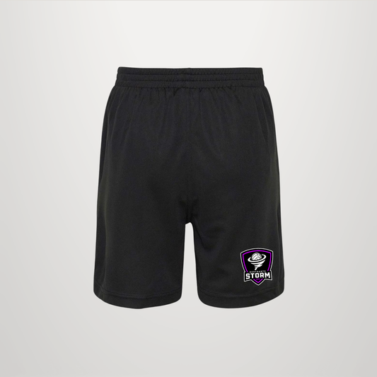 Black athletic shorts with an elastic waistband and a purple Storm logo patch on the lower left leg, shown against a light gray background.