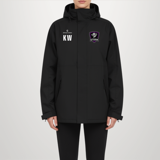 A model wearing a black hooded jacket with white and purple embroidered details. The jacket features 'KW' in white on the right chest and a purple St.