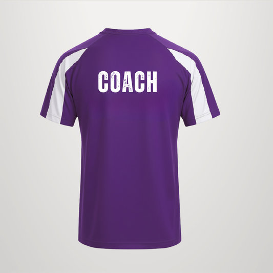 A purple short-sleeve athletic jersey shown from the back, featuring white shoulder panels and the word 'COACH' printed in large white block letters across the upper back.