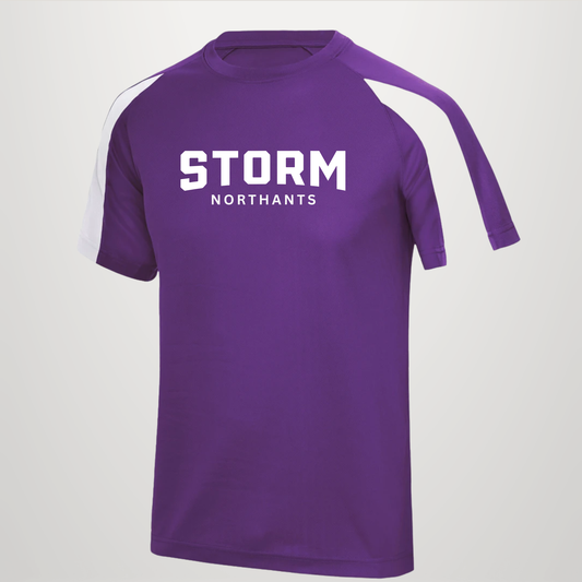 A purple short-sleeve athletic t-shirt with white shoulder panels and white text reading 'STORM NORTHANTS' on the chest, shown against a light gray background.
