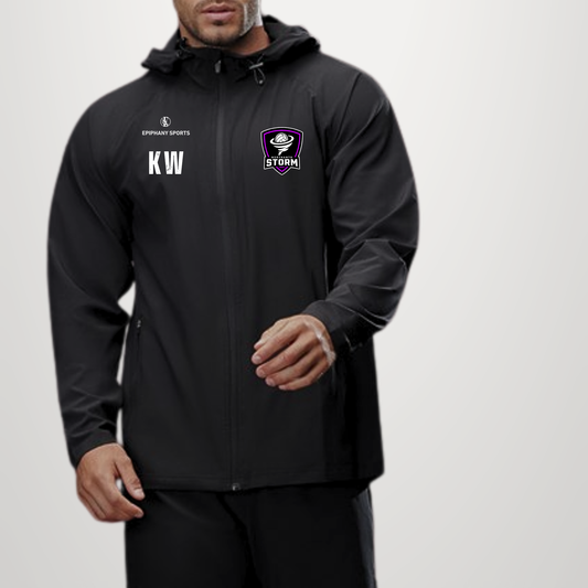 A man wearing a black hooded jacket with white 'KW' initials and a purple Stormers shield logo on the chest, photographed against a light gray studio background.