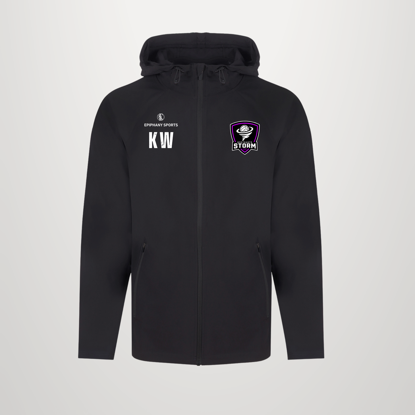 A black zip-up hoodie with a drawstring hood, featuring white 'KW' initials and 'DRYWEAR SPORTS' branding on the left chest, and a purple and white Stormers shield logo on the right chest, shown against a light gray background.