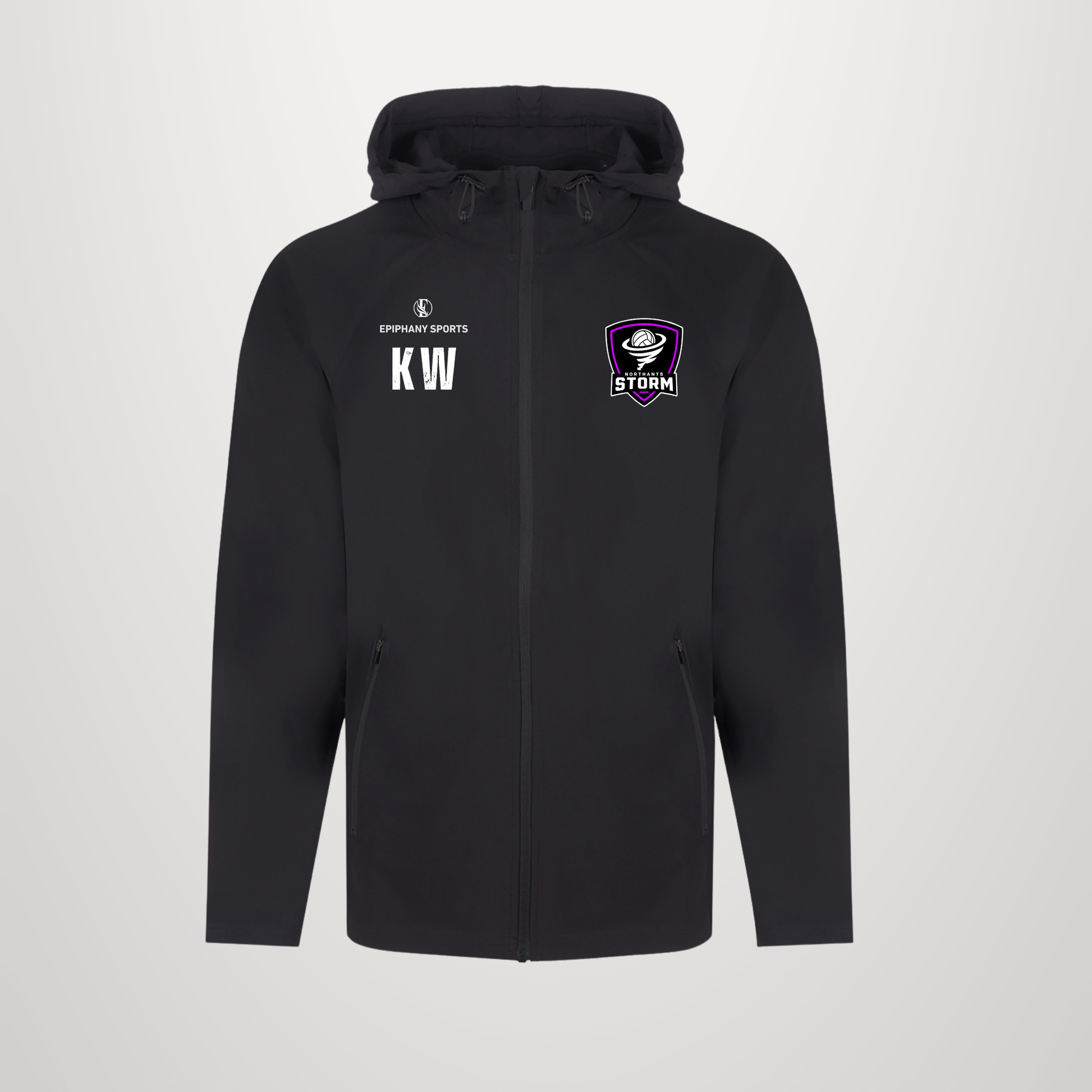 A black zip-up hoodie with a drawstring hood, featuring white 'KW' initials and 'DRYWEAR SPORTS' branding on the left chest, and a purple and white Stormers shield logo on the right chest, shown against a light gray background.