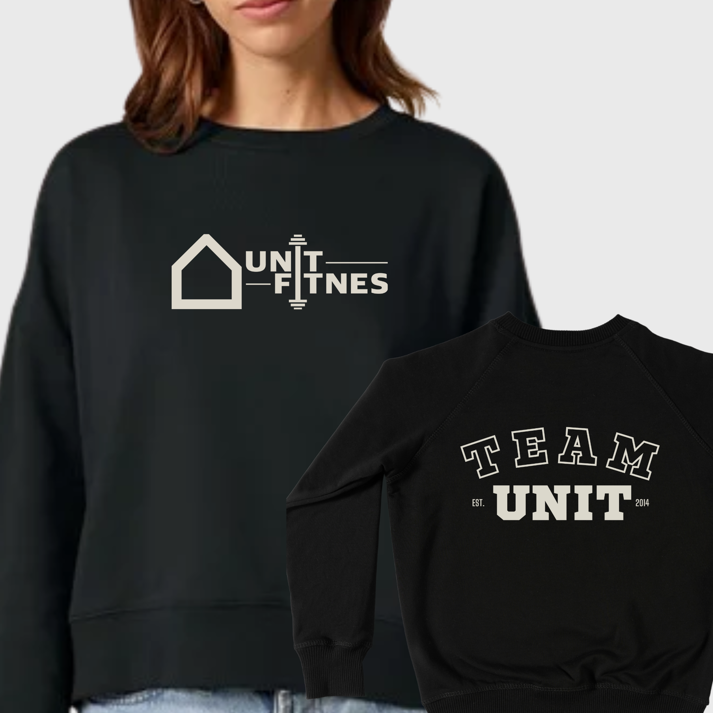 Black sweatshirt with 'UNIT FITNES' logo and another with 'TEAM UNIT' text on a plain background.