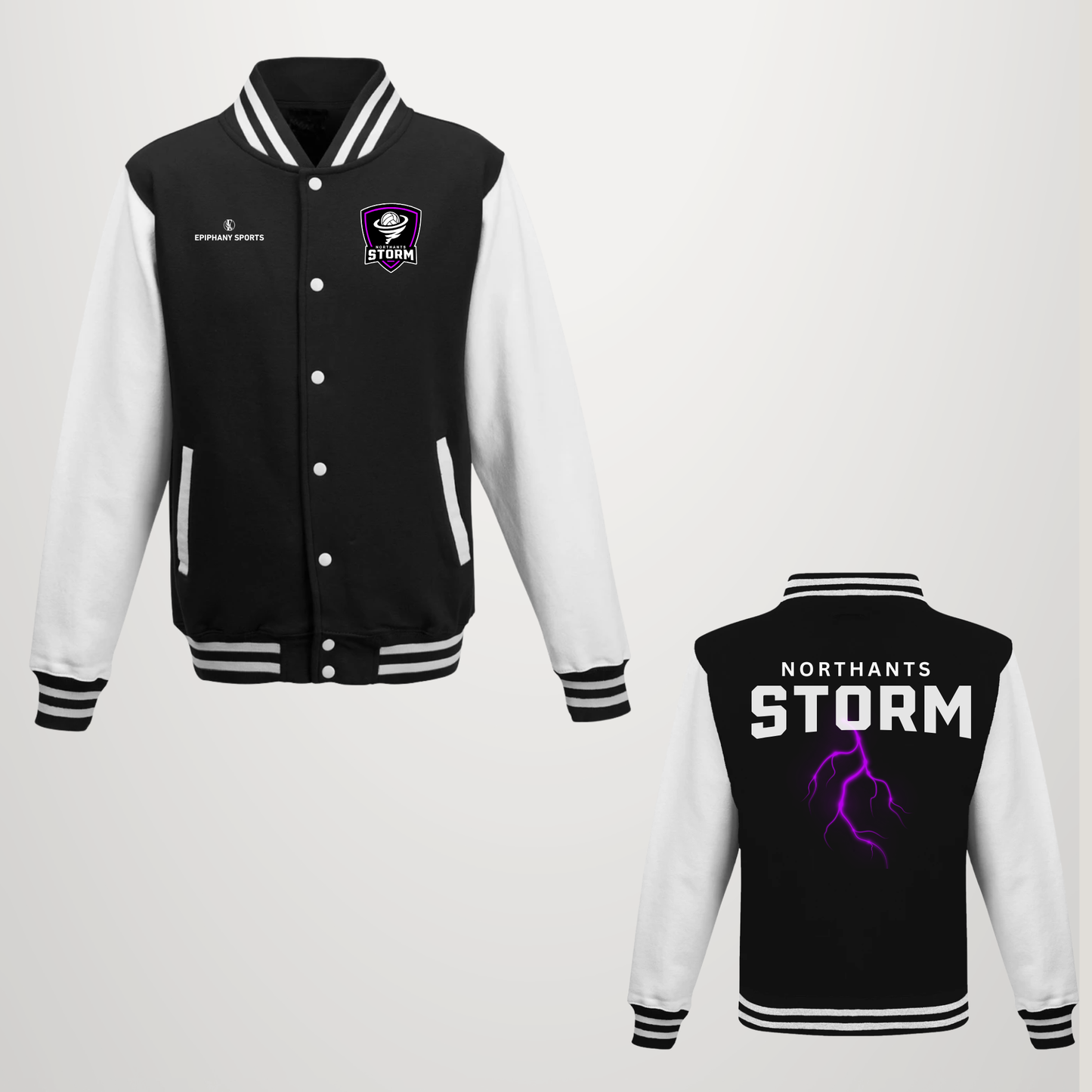 A varsity-style jacket shown from the front and back on a light gray background. The jacket has a black body with white sleeves and black-and-white striped ribbed collar, cuffs, and hem.