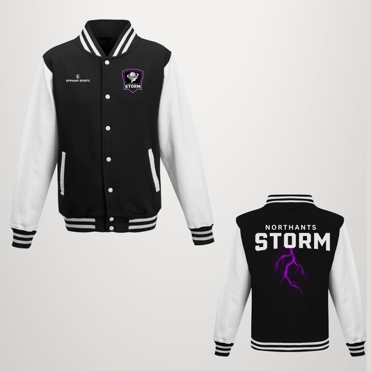 A varsity-style jacket shown from the front and back on a light gray background. The jacket has a black body with white sleeves and black-and-white striped ribbed collar, cuffs, and hem.