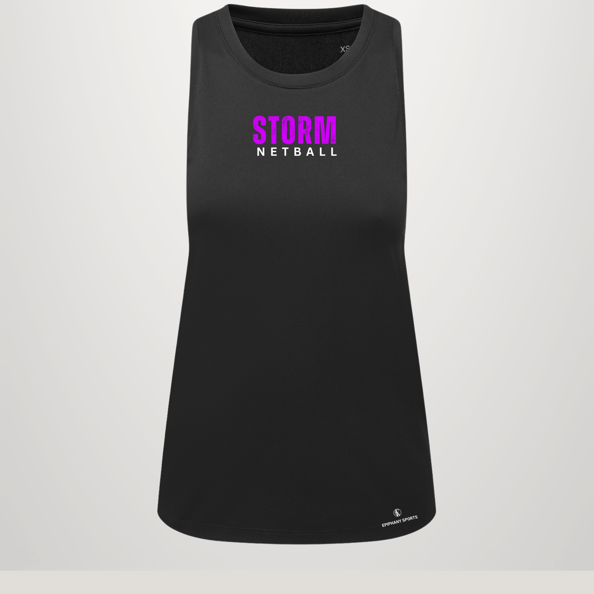 A black sleeveless athletic tank top with 'STORM NETBALL' printed in pink and white on the chest, displayed against a light gray background.