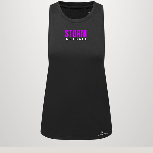 A black sleeveless athletic tank top with 'STORM NETBALL' printed in pink and white on the chest, displayed against a light gray background.